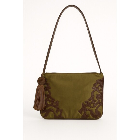 Sharif Handbags - Sharif Made in USA Olive Satin Green & Brown Tassel Bag Crossbody Purse long